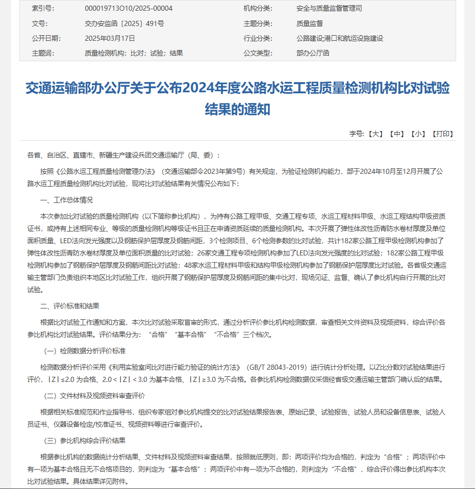 振通检测顺利通过交通运输部公路2024年度公路水运工程质量检测机构比对试验
